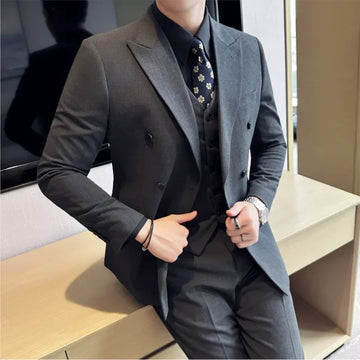 Riolio suit fashion British Style Double Breasted Design Men's Suit Formal Business Slim Fit Casual Suits Sets Men Wedding Party Tuxedo 3 Pieces Set